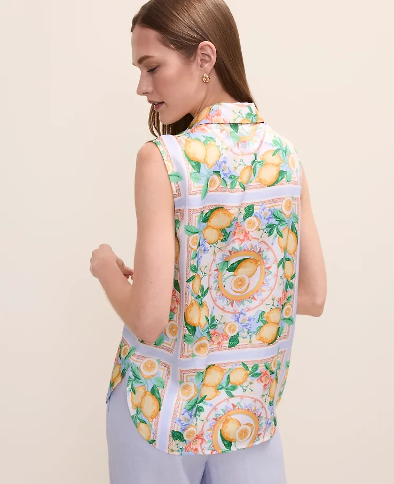 Ann Taylor Petite Lemon Print Shirred Yoke Sleeveless Shirt Multi-Please Use B Version Women's