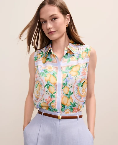 Ann Taylor Petite Lemon Print Shirred Yoke Sleeveless Shirt Size XL Multi-Please Use B Version Women's