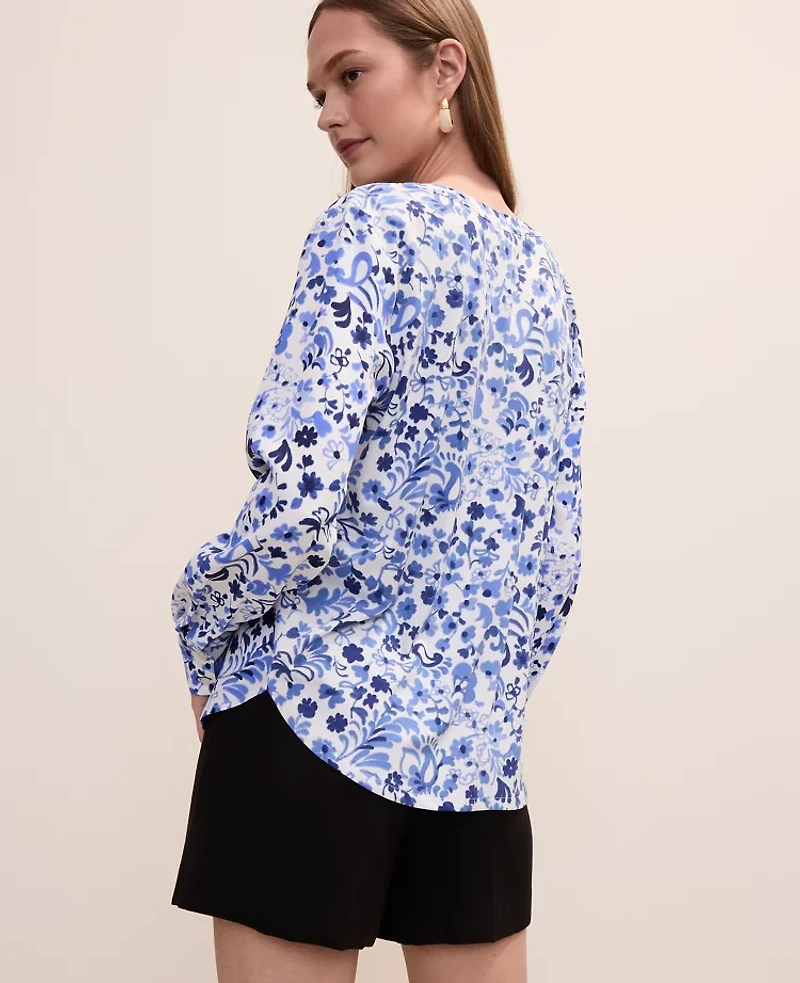 Ann Taylor Floral Mixed Media Pleat Front Top Winter White - Pure Ink Women's
