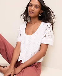 Ann Taylor Petite Weekend Eyelet Scoop Neck Blouse White Women's