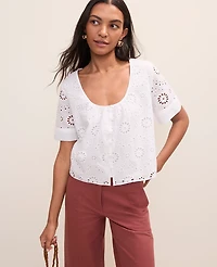 Ann Taylor Petite Weekend Eyelet Scoop Neck Blouse White Women's