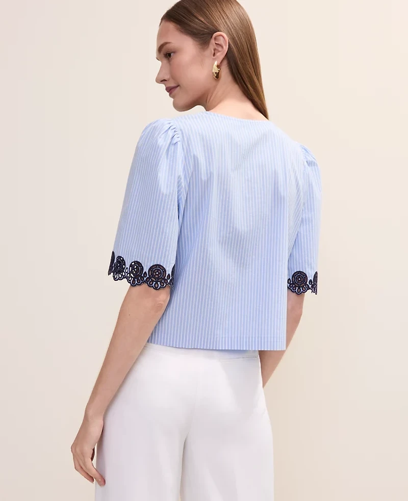 Ann Taylor Petite Striped Strapless Top Linen Blend Vista Blue Women's