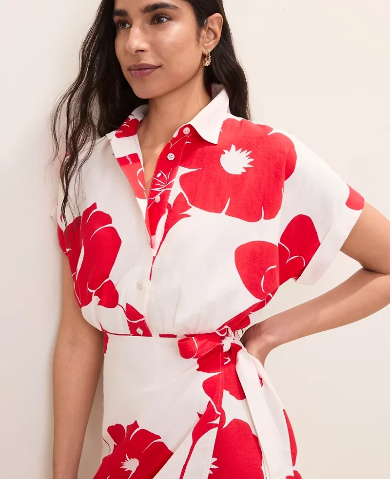 Ann Taylor Floral Collared Shift Dress Linen Blend Bright Cherry Women's