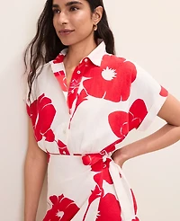 Ann Taylor Floral Collared Shift Dress Linen Blend Bright Cherry Women's