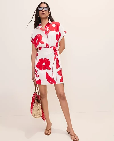 Ann Taylor Floral Collared Shift Dress Linen Blend Bright Cherry Women's