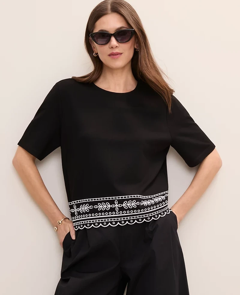 Ann Taylor Petite Embroidered Crew Neck Top Women's