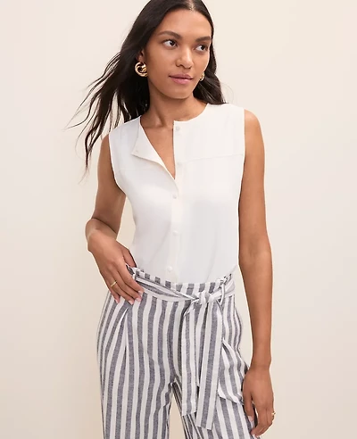 Ann Taylor Petite Mixed Media Button Down Top Winter White Women's