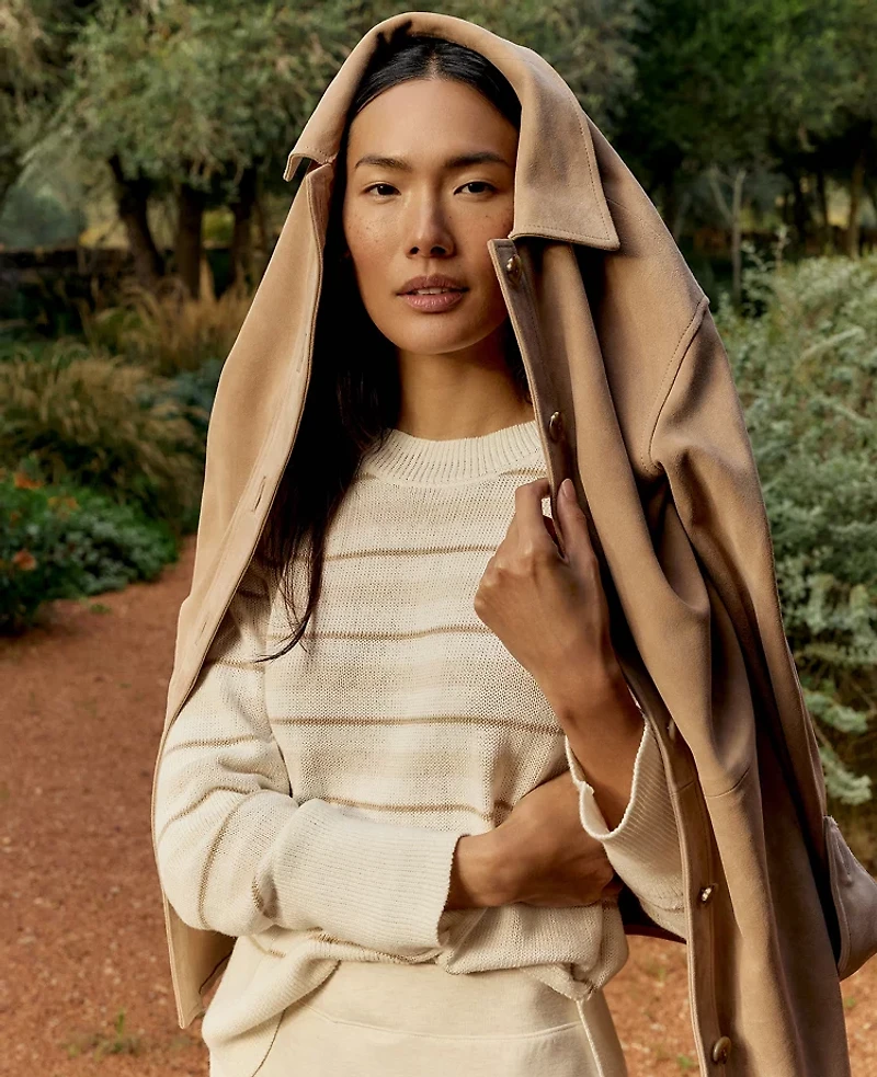 Ann Taylor Haven Well Within Cotton Linen Stripe Crewneck Ivory/Gold Multi Women's