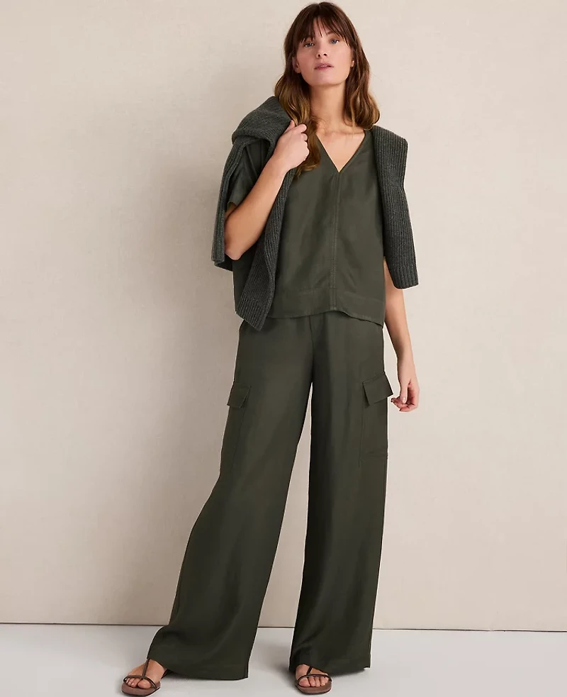 Ann Taylor Haven Well Within Viscose Linen V-Neck Top Deep Green Women's