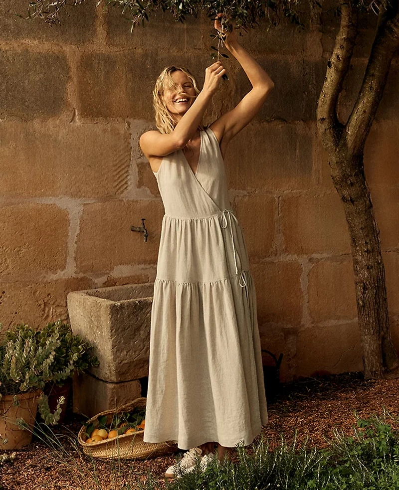 Ann Taylor Haven Well Within Everweave Linen Tiered Wrap Dress Oatmeal Women's