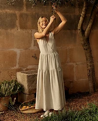 Ann Taylor Haven Well Within Everweave Linen Tiered Wrap Dress Oatmeal Women's