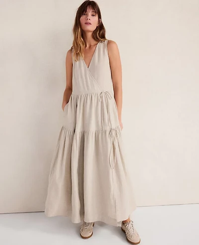 Ann Taylor Haven Well Within Everweave Linen Tiered Wrap Dress Oatmeal Women's
