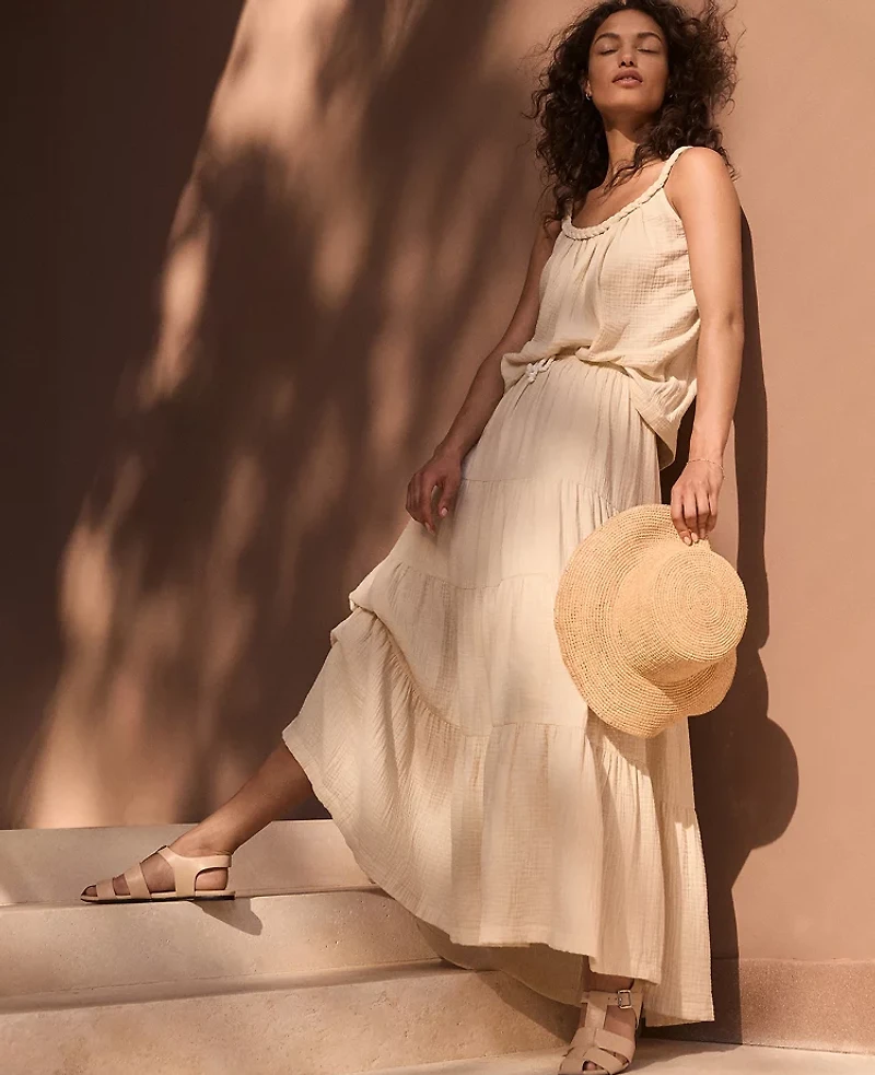 Ann Taylor Haven Well Within Organic Cotton Gauze Tiered Maxi Skirt Beige Women's