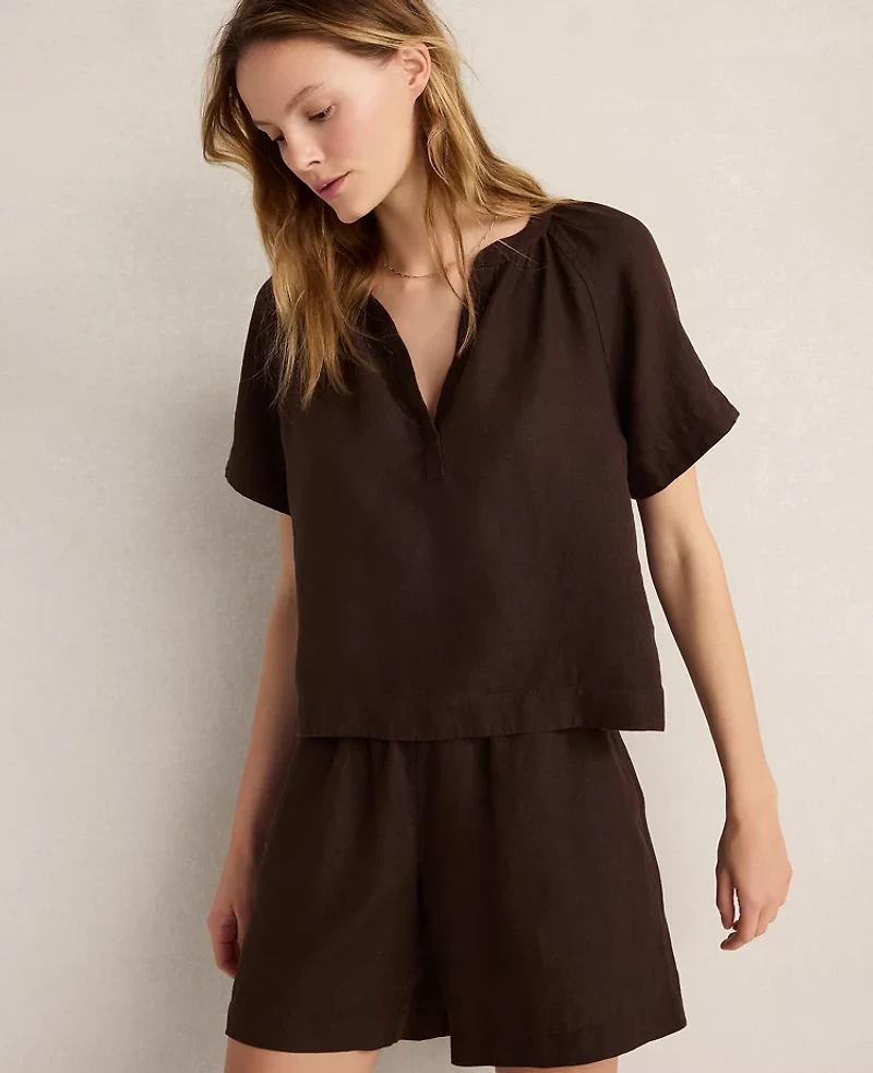 Ann Taylor Haven Well Within Linen Gathered V-Neck Top Coffee Bean Women's
