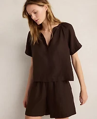 Ann Taylor Haven Well Within Linen Gathered V-Neck Top Coffee Bean Women's