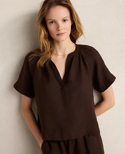 Ann Taylor Haven Well Within Linen Gathered V-Neck Top Coffee Bean Women's