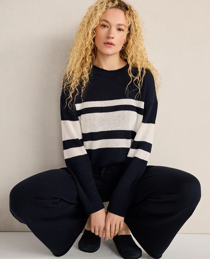 Ann Taylor Haven Well Within Cotton Linen Stripe Roll Neck Sweater Indigo Women's