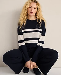 Ann Taylor Haven Well Within Cotton Linen Stripe Roll Neck Sweater Indigo Women's