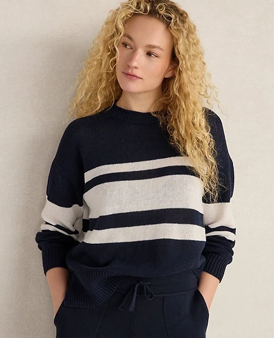 Ann Taylor Haven Well Within Cotton Linen Stripe Roll Neck Sweater Indigo Women's