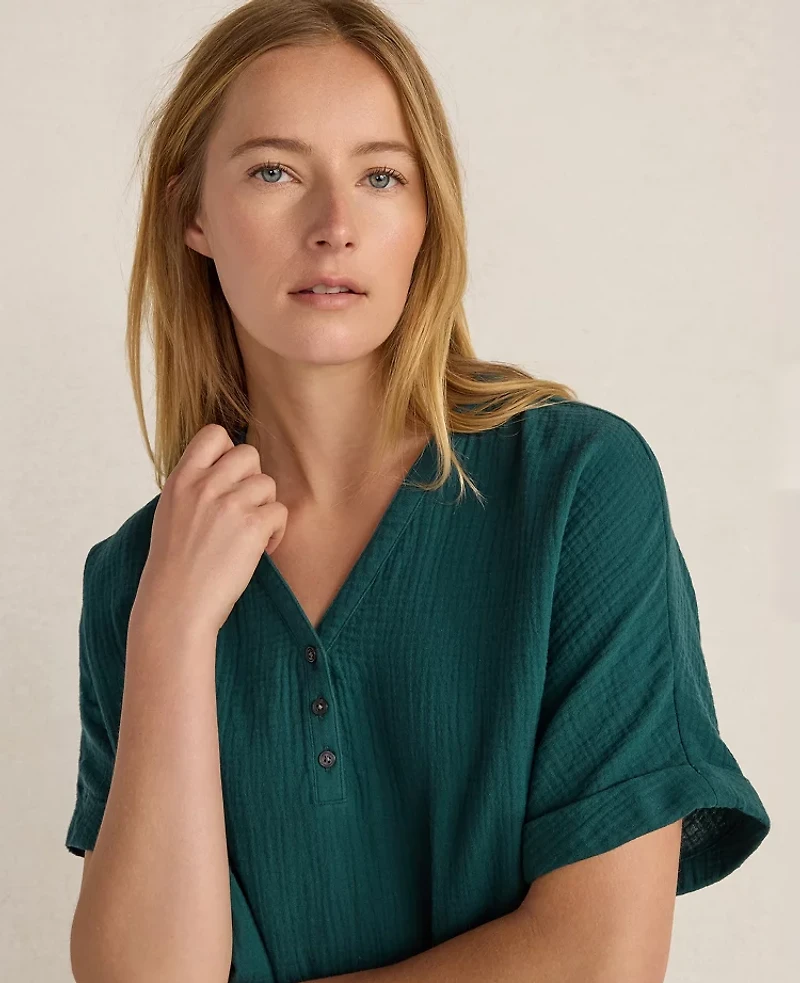 Ann Taylor Haven Well Within Organic Cotton Gauze V-Neck Top Deep Turquoise Women's