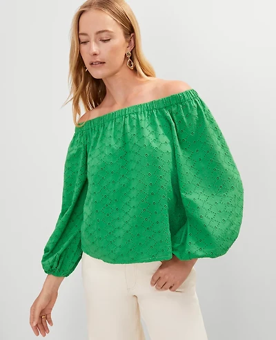 Ann Taylor Eyelet Off The Shoulder Top Natural Green Women's