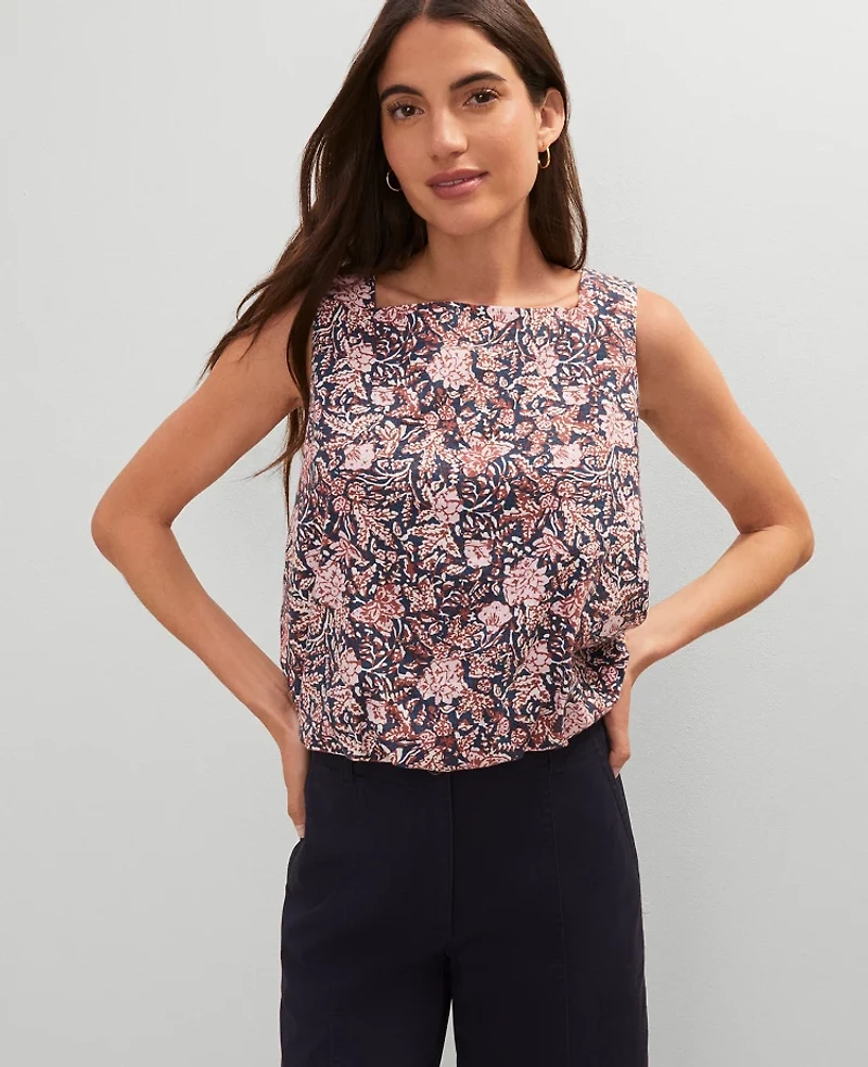 Ann Taylor Weekend Collection Linen Blend Bubble Hem Top Size XL Navy Pebble Women's