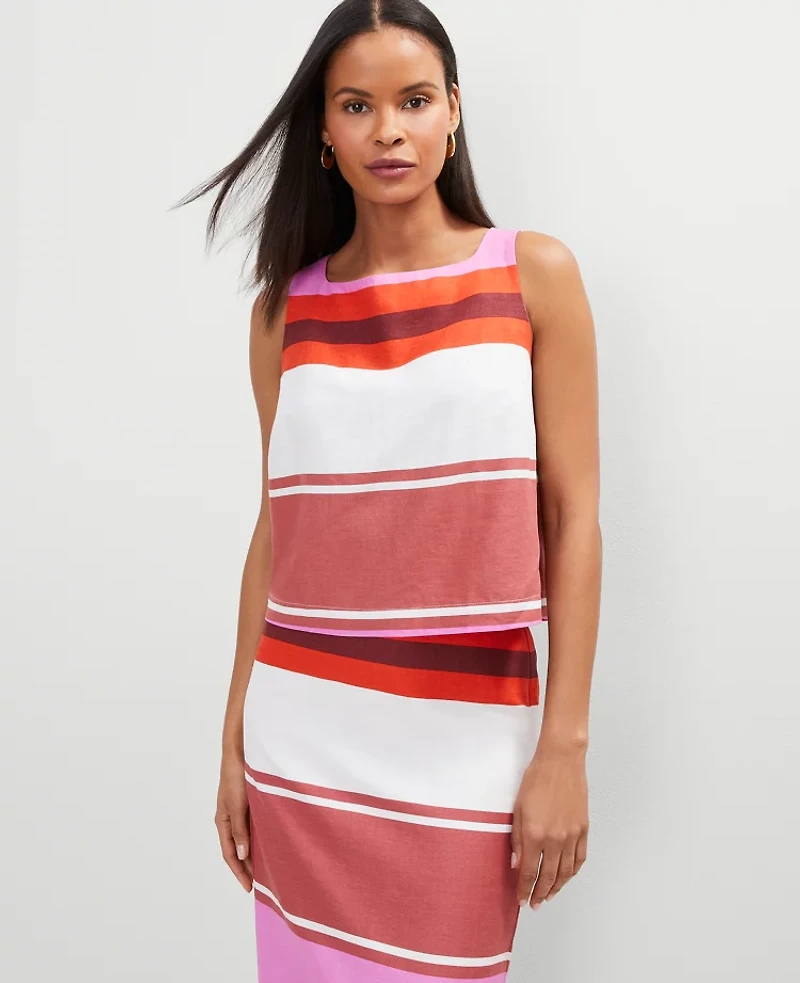 Ann Taylor Striped Linen Blend Tank Top Pink Orchid Women's