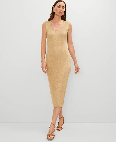 Ann Taylor Ribbed Lurex Midi Dress Gold Metallic Women's