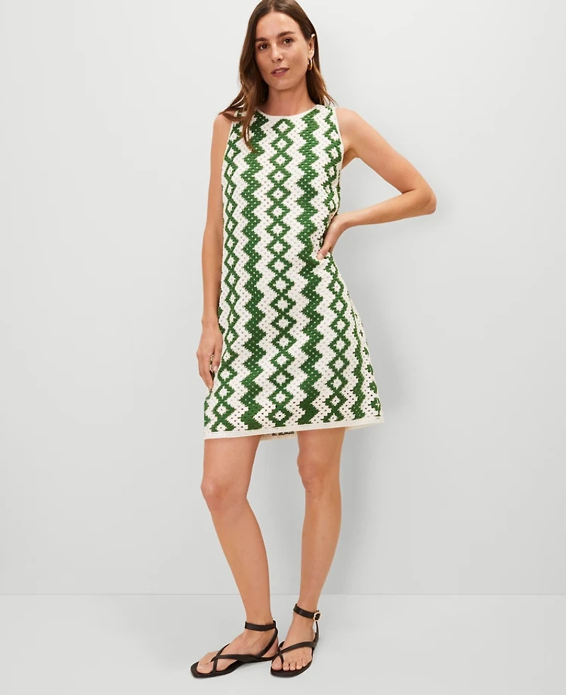 Ann Taylor Geo Crochet Shift Dress Size 2XS Green/White Combo Women's