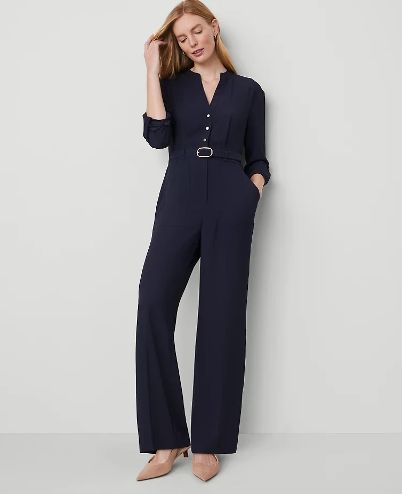 Ann Taylor Petite Belted V-Neck Jumpsuit Size 10 Night Sky Women's