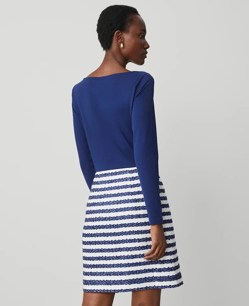 Ann Taylor Petite Striped Bouclé Tweed Skirt Size 8 Blue/White Combo Women's