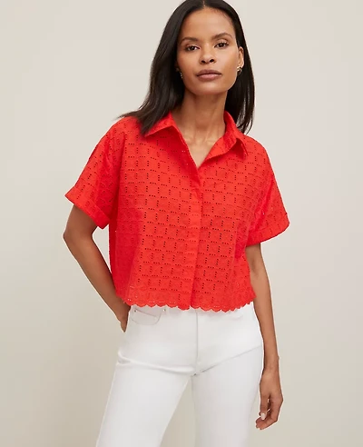 Ann Taylor Cotton Eyelet Shirt Size Small Fiery Red Women's