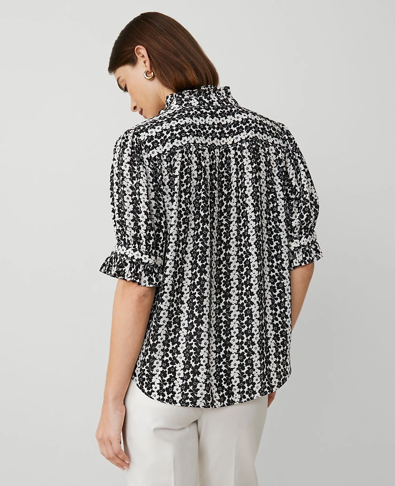 Ann Taylor Floral Ruffle Collar Blouse Winter White-Black Women's