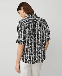 Ann Taylor Floral Ruffle Collar Blouse Winter White-Black Women's