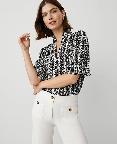 Ann Taylor Floral Ruffle Collar Blouse Winter White-Black Women's