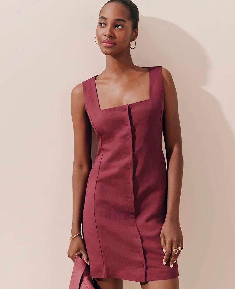 Ann Taylor Linen Blend Button-Down Dress Moroccan Red Women's