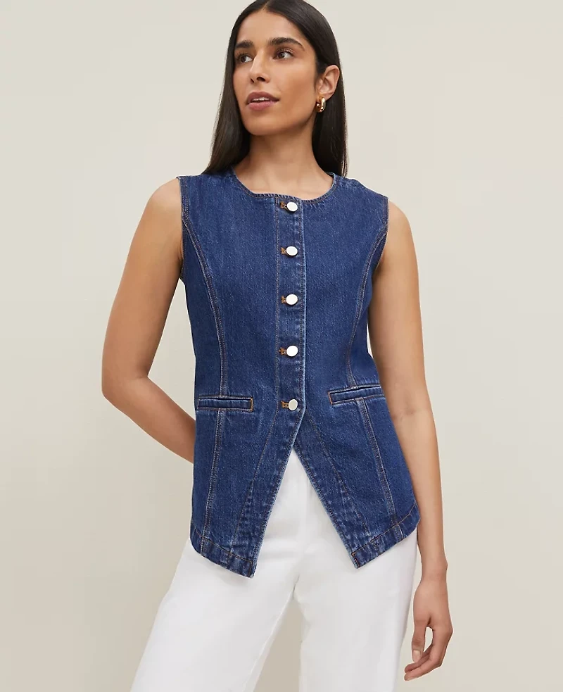 Ann Taylor Refined Denim Vest Size Large Refined Mid Indigo Wash Women's