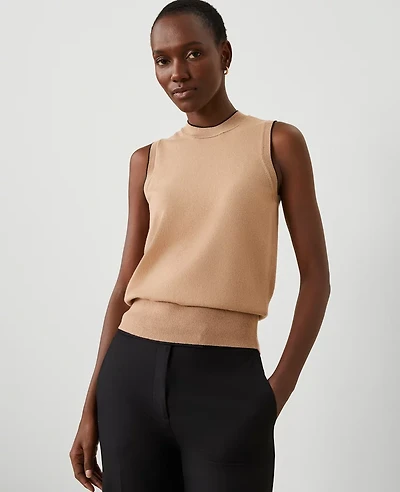 Ann Taylor Tipped Mock Neck Sweater Shell Top Cappuccino Tan Women's