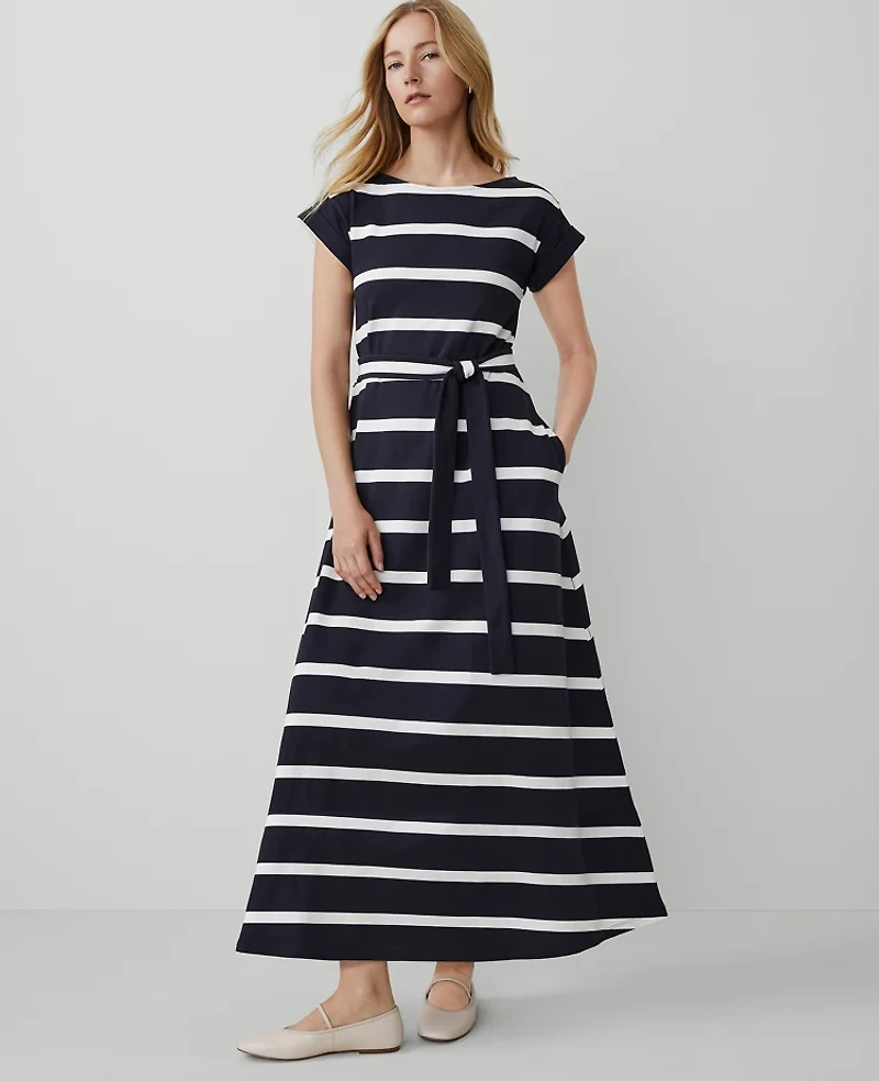 Ann Taylor Petite Weekend Collection Striped Knit Boatneck Midi Dress Size 2XS Night Sky Women's