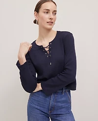 Ann Taylor Weekend Collection Lace-Up Top Night Sky Women's