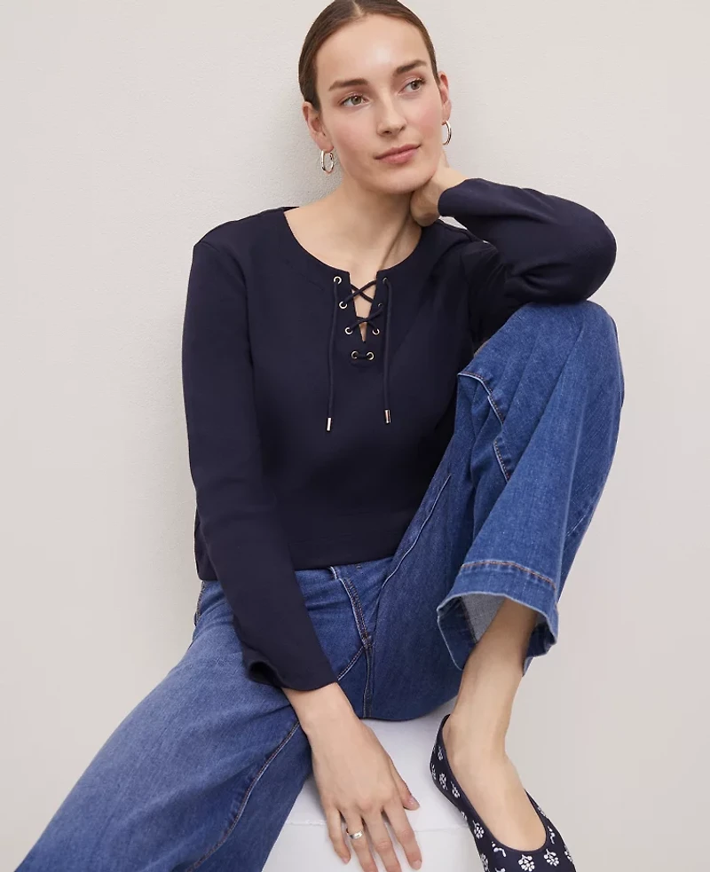 Ann Taylor Weekend Collection Lace-Up Top Night Sky Women's