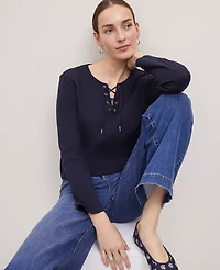Ann Taylor Weekend Collection Lace-Up Top Night Sky Women's