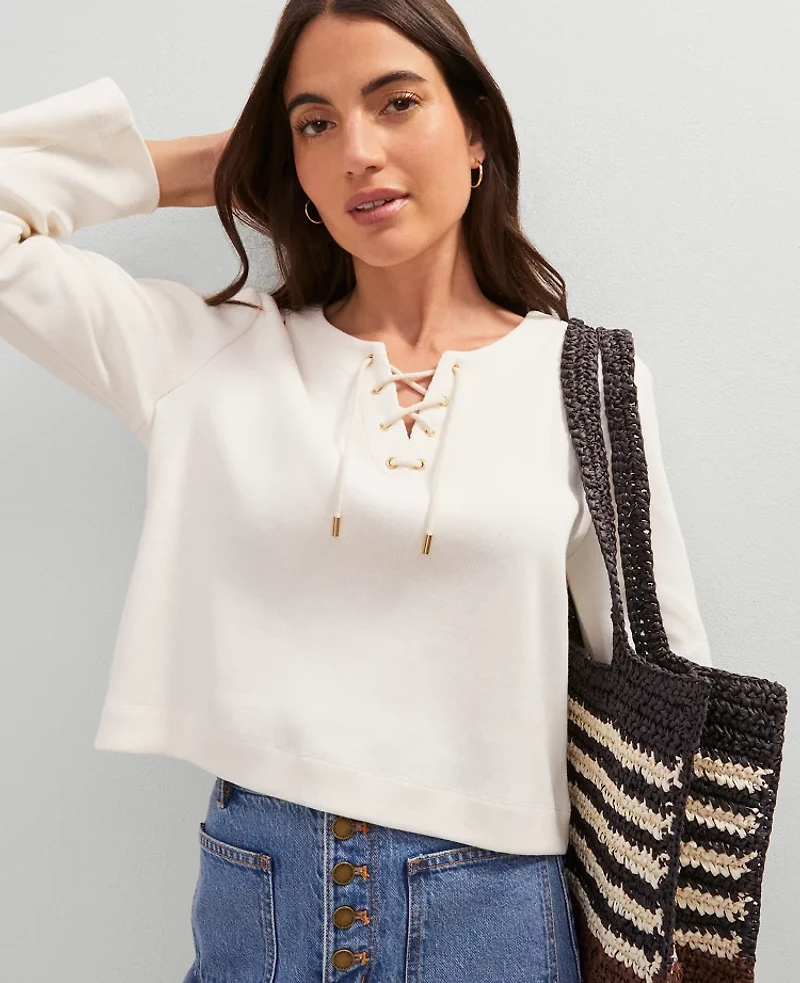 Ann Taylor Weekend Collection Lace-Up Top Winter White Women's