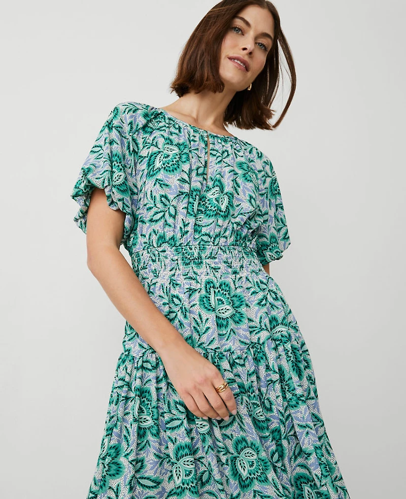 Ann Taylor Floral Split Neck Midi Dress Size 4 Mellow Mint Women's