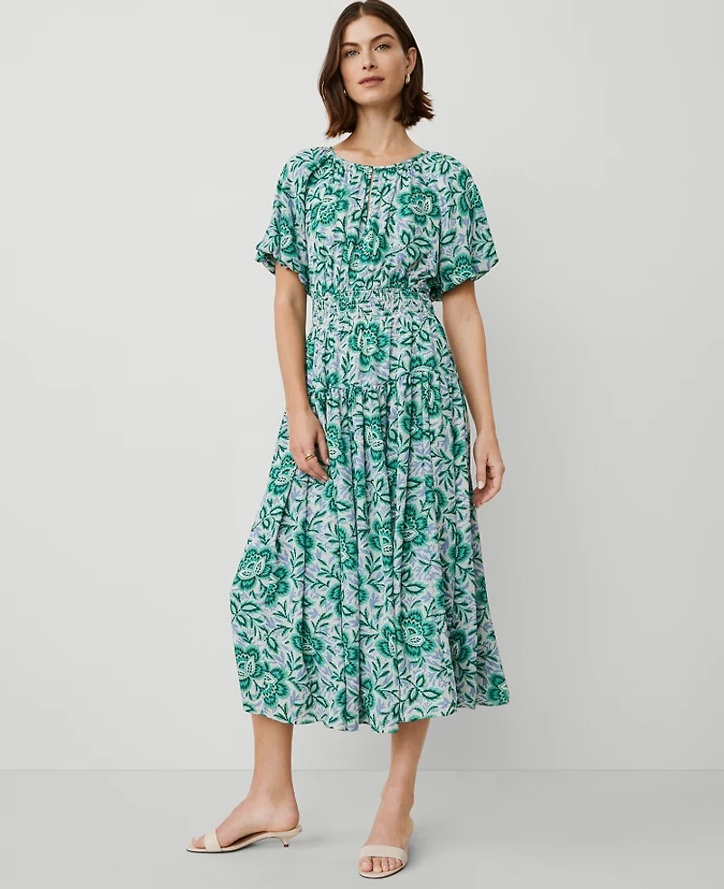 Ann Taylor Floral Split Neck Midi Dress Size 4 Mellow Mint Women's