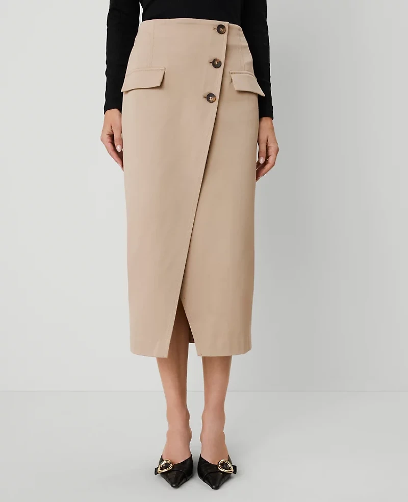Ann Taylor Petite Button Wrap Pocket Skirt Cappuccino Tan Women's