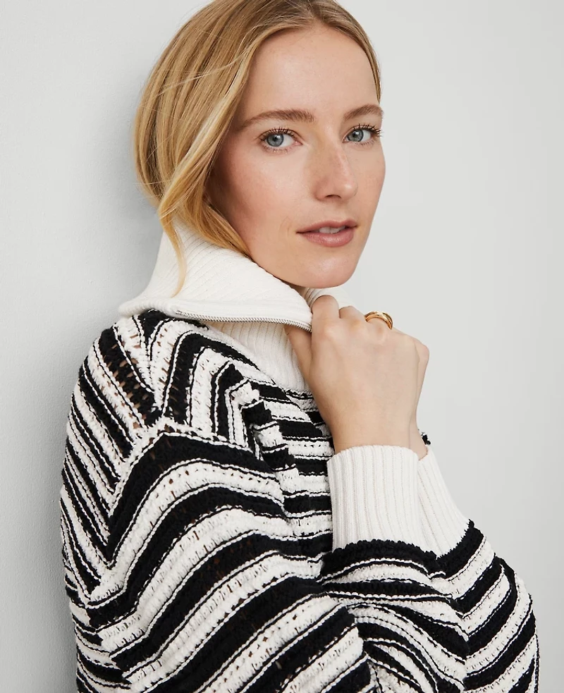 Ann Taylor Weekend Collection Striped Bomber Sweater Jacket Size XL White/Black Multi Women's