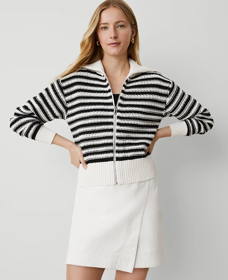 Ann Taylor Weekend Collection Striped Bomber Sweater Jacket Size XL White/Black Multi Women's