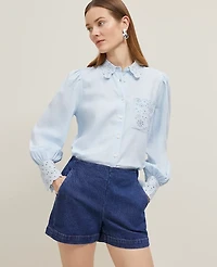 Ann Taylor Embroidered Linen Blend Pocket Shirt Zephyr Blue Women's