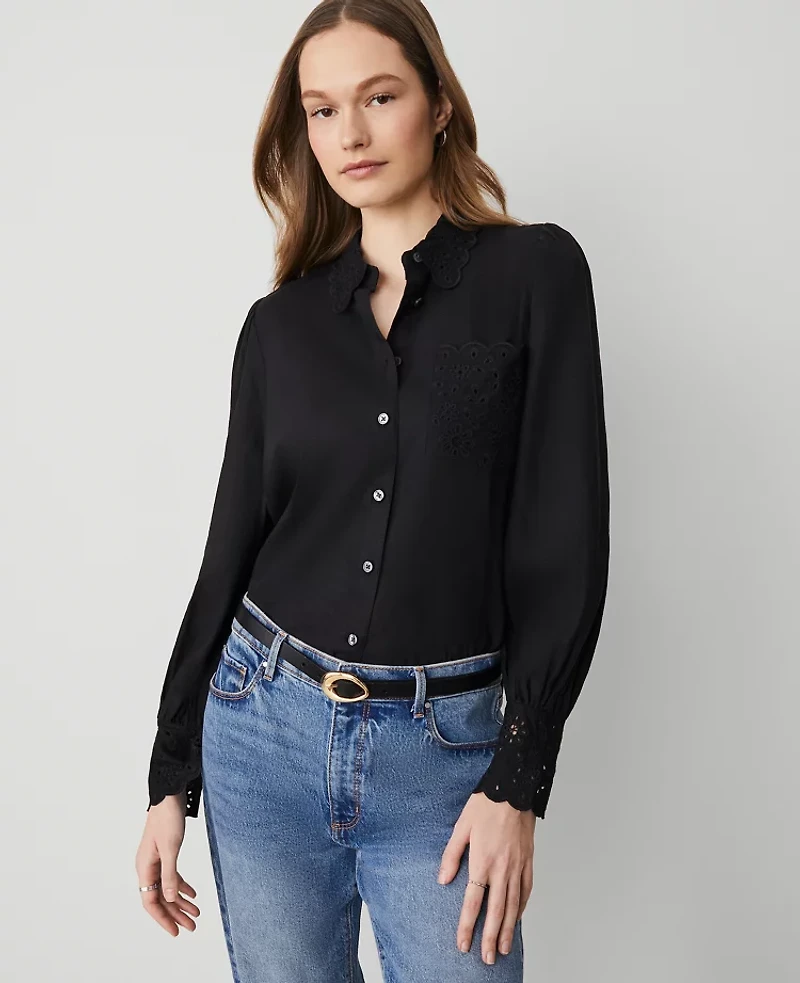 Ann Taylor Embroidered Linen Blend Pocket Shirt Size Large Black Women's